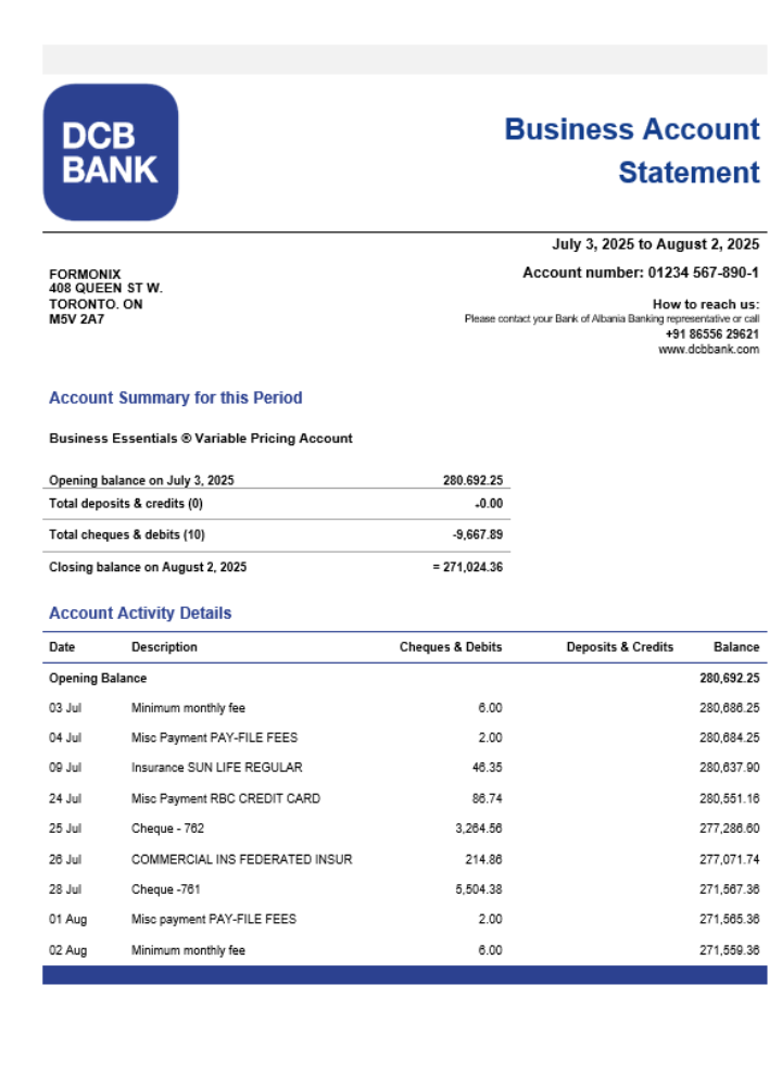 Download India DCB business organization checking  statement Word and PDF format Photoshop template